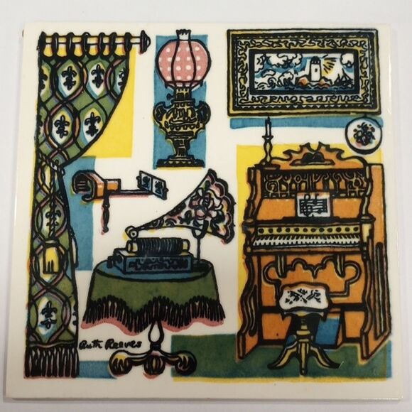 Vintage Home Art Deco by Ruth Reeves Ceramic  6 X 6 Tile - Picture 1 of 8
